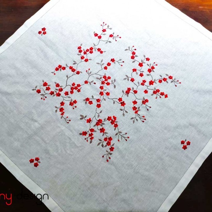 Square table cloth - String peach blossom embroidery (size 90cm)